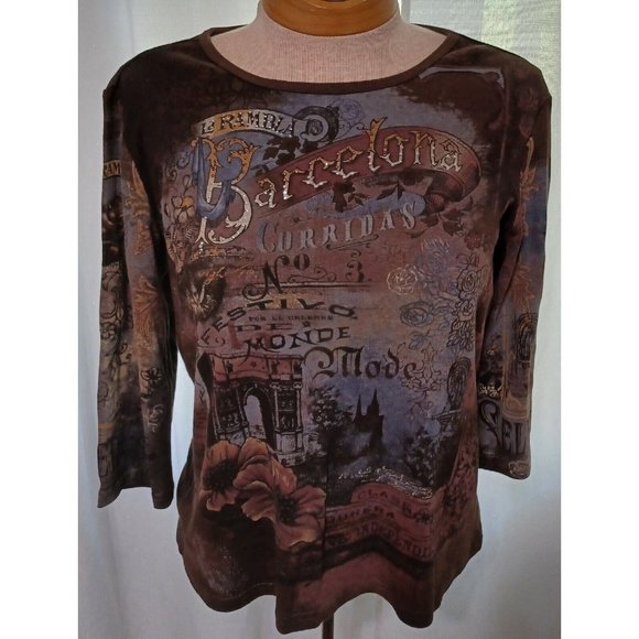 Christopher & Banks Tops - CHRISTOPHER BANKS Top Size Medium Brown & Gold Rambla Barcelona Print w/Sequins